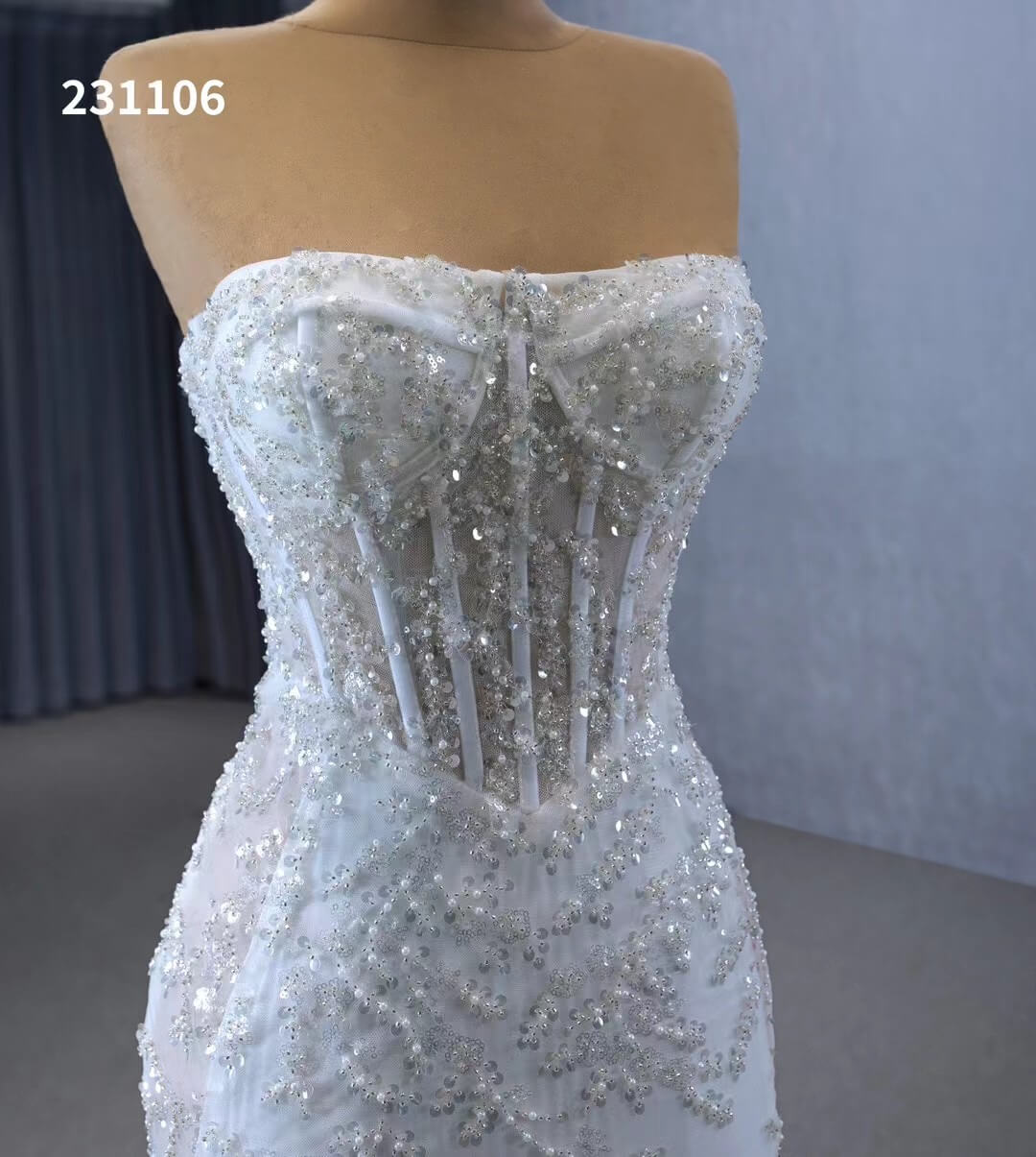 Beaded Strapless Mermaid Wedding Dresses Removable Sleeves 231106 - Viniodresswedding dressesIvoryCustom Size - Formal Dresses - Ball Gowns