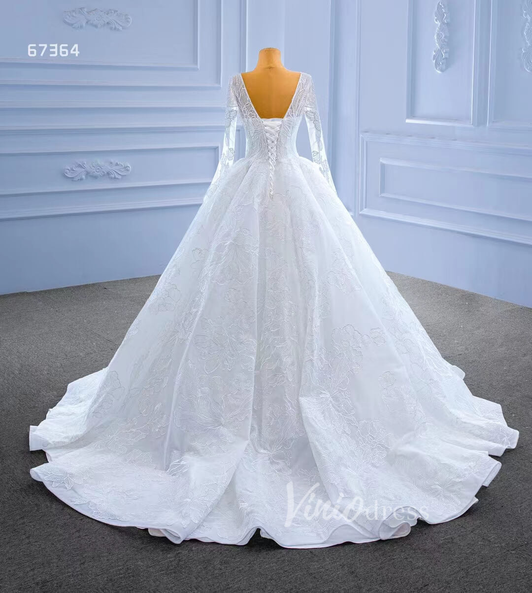 Beaded V-neck Ball Gown Wedding Dress with Sleeves 67364-wedding dresses-Viniodress-Viniodress