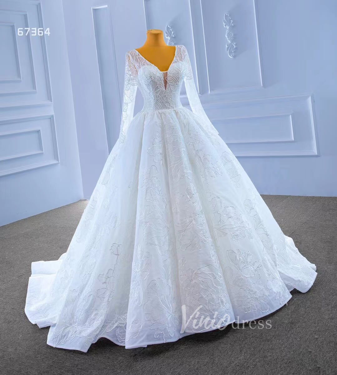 Beaded V-neck Ball Gown Wedding Dress with Sleeves 67364-wedding dresses-Viniodress-Viniodress