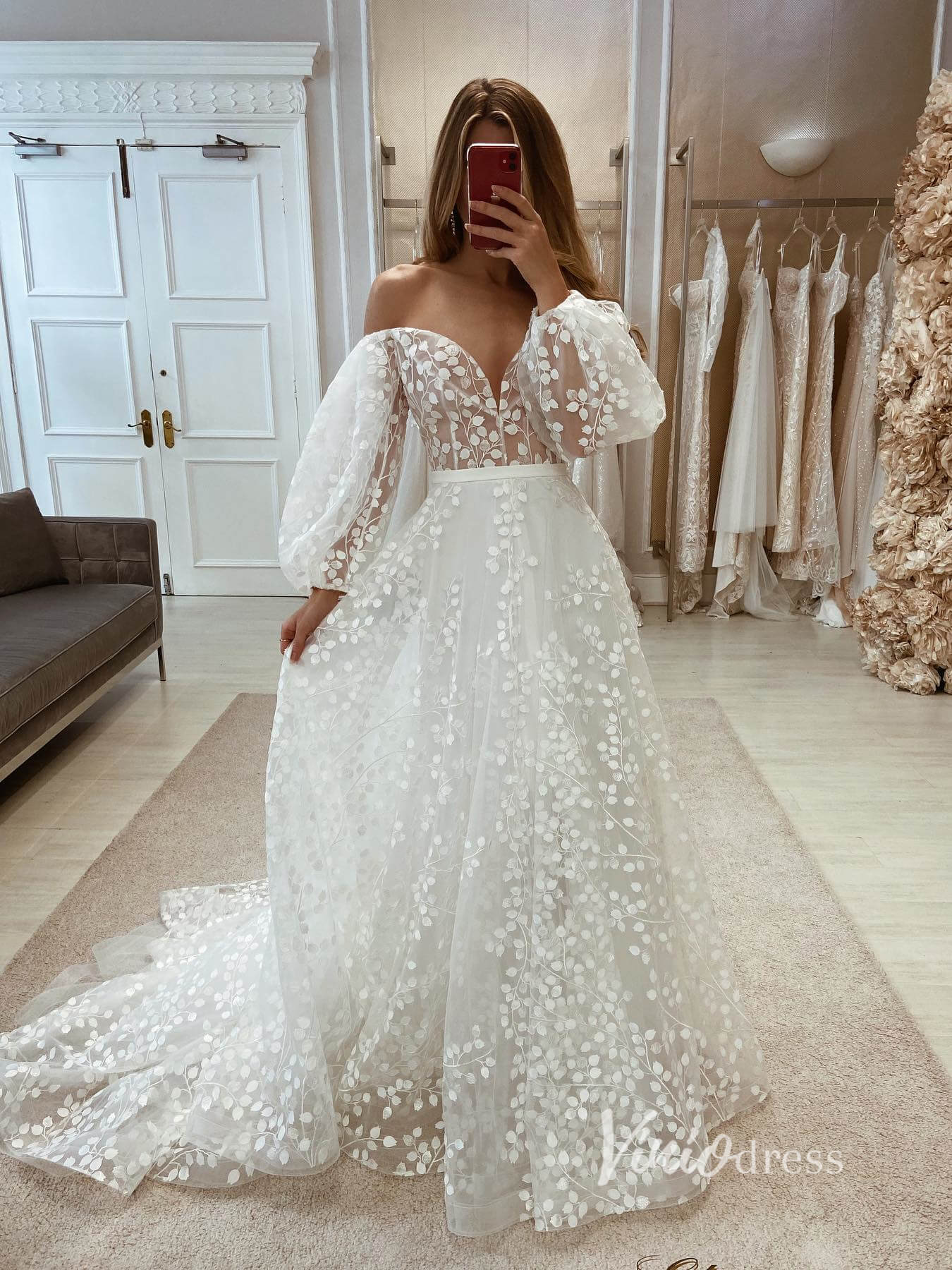 Bell Orchid Lace Wedding Dresses Off the Shoulder Long Sleeve Bridal Gown VW2132-wedding dresses-Viniodress-Viniodress