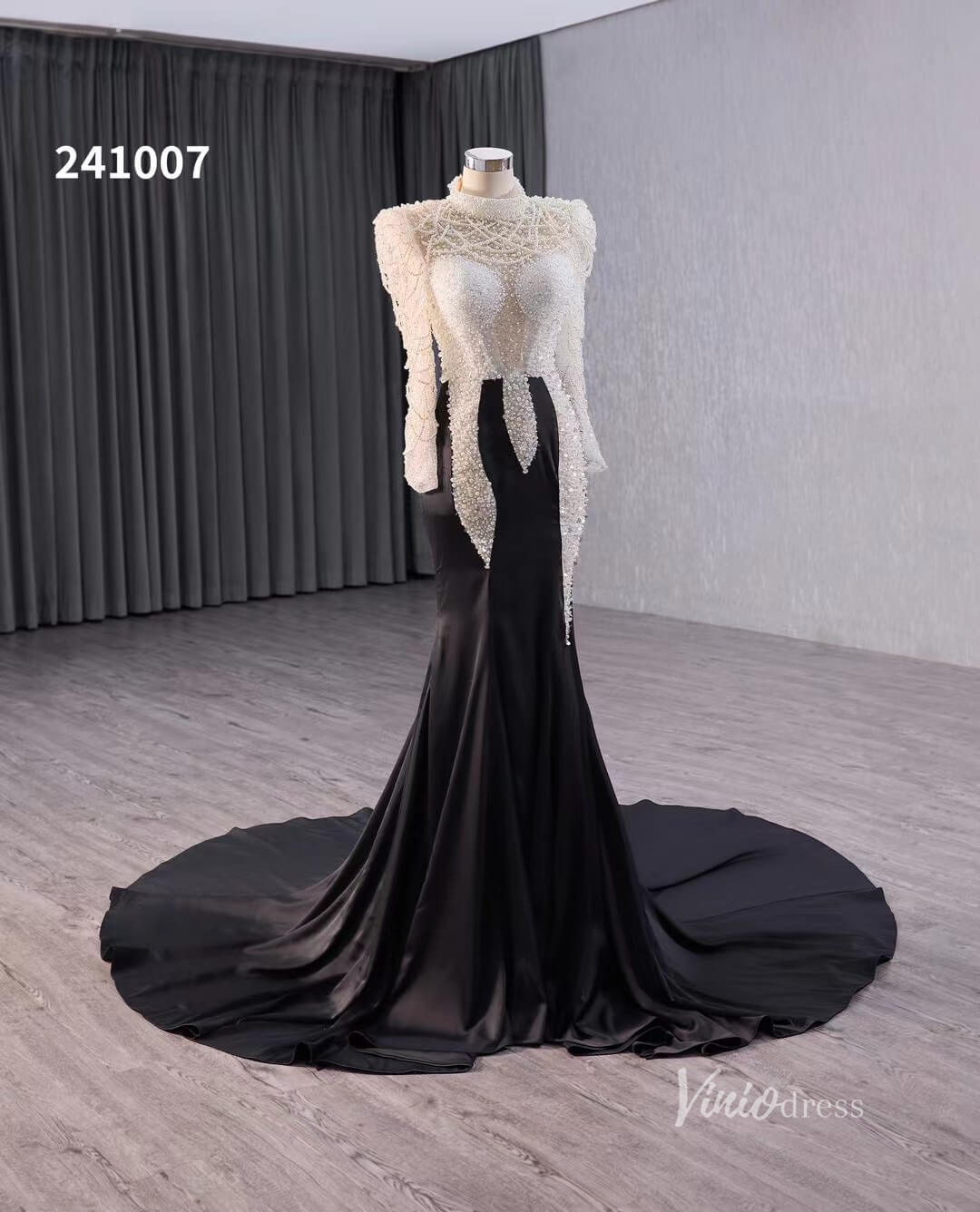 Prom Dress 2025 Black and White Beaded Mermaid Wedding Dresses Long Sleeve Pageant Dress 241007-unique wedding dresses-Black-Custom Size-Viniodress