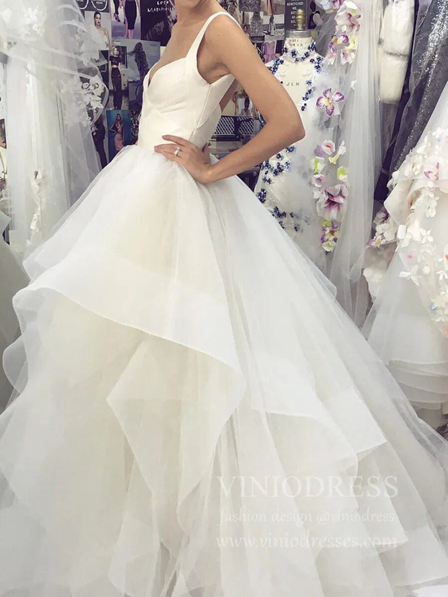 Broad Strap V Neck Ball Gown Wedding Dresses with Ruffle Skirt VW1121-wedding dresses-Viniodress-Viniodress