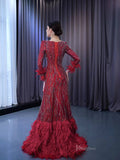 Prom Dress 2025 Burgundy Beade Formal Dresses Long Sleeve Prom Dress with Feathers 222177-unique wedding dresses-Burgundy-Custom Size-Viniodress