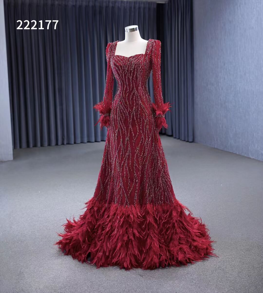 Prom Dress 2025 Burgundy Beade Formal Dresses Long Sleeve Prom Dress with Feathers 222177-unique wedding dresses-Burgundy-Custom Size-Viniodress