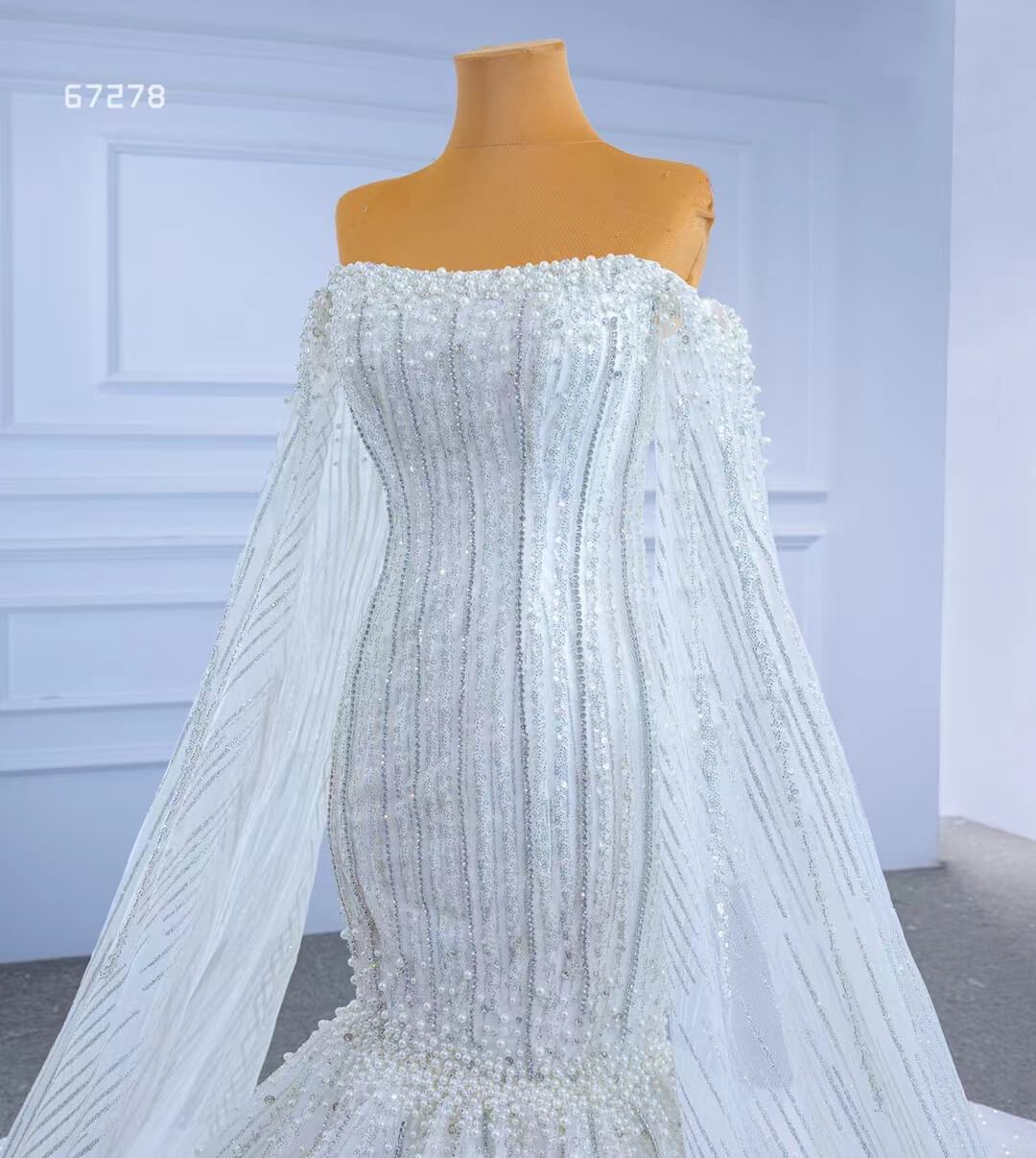 Cape Sleeve Beaded Wedding Dresses Off the Shoulder Mermaid Dress 67278 viniodress-wedding dresses-Viniodress-Viniodress