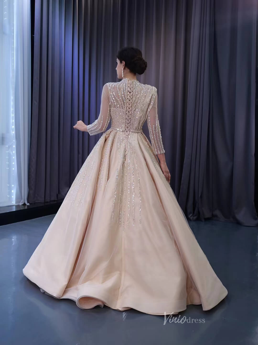 Prom Dress 2025 Champagne Beaded Formal Dresses Long Sleeve Wedding Dress 222134-unique wedding dresses-Champagne-Custom Size-Viniodress