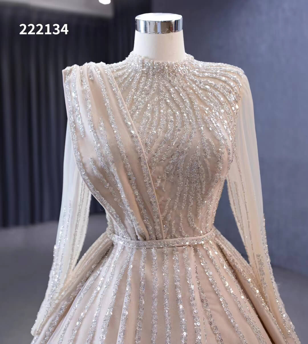 Prom Dress 2025 Champagne Beaded Formal Dresses Long Sleeve Wedding Dress 222134-unique wedding dresses-Champagne-Custom Size-Viniodress