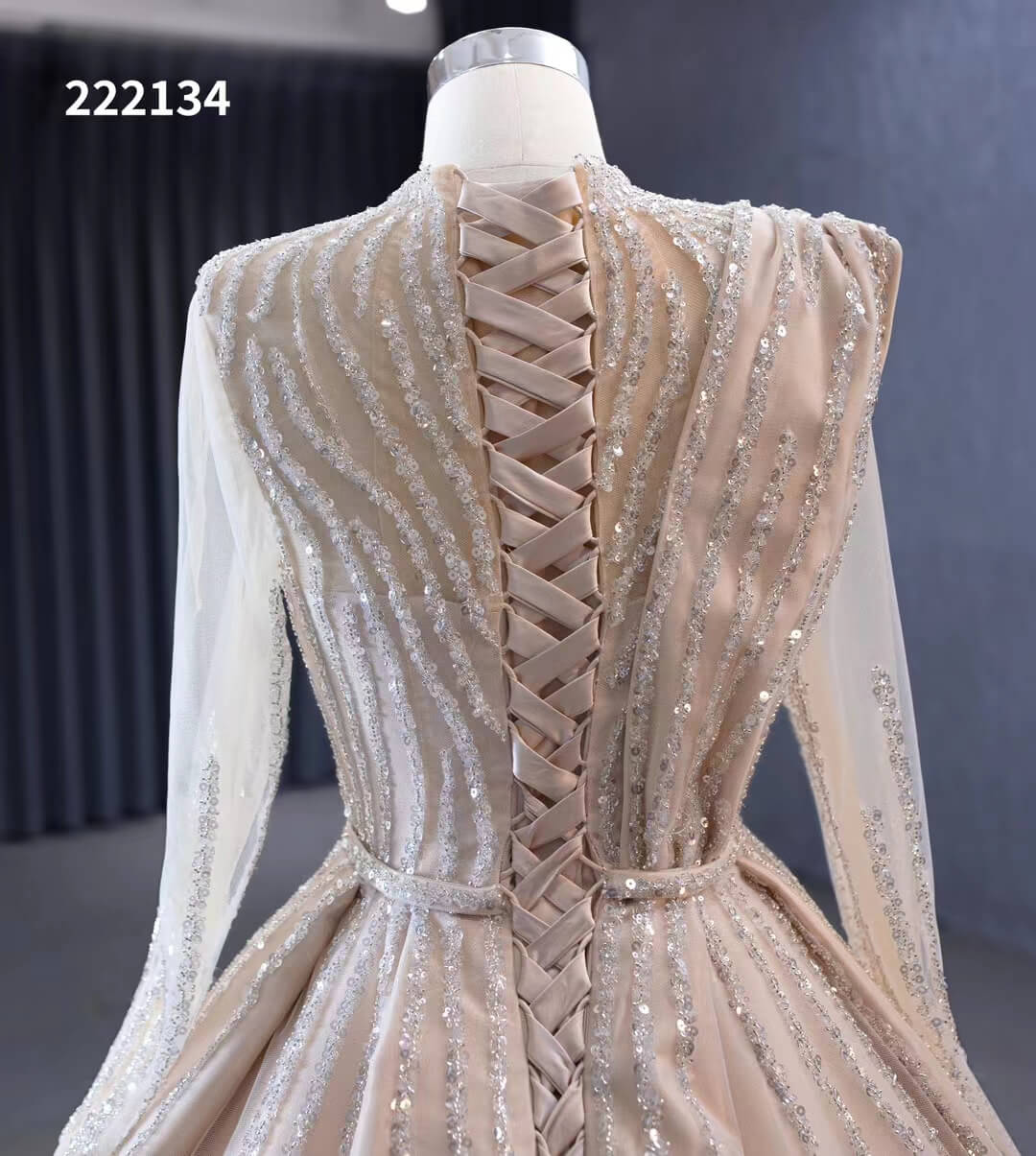 Prom Dress 2025 Champagne Beaded Formal Dresses Long Sleeve Wedding Dress 222134-unique wedding dresses-Champagne-Custom Size-Viniodress