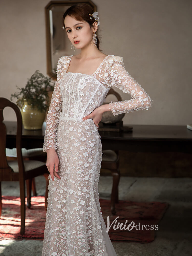 Champagne Beaded Mermaid Wedding Dresses Long Sleeve Bridal Dress VW2194C-wedding dresses-Viniodress-Viniodress