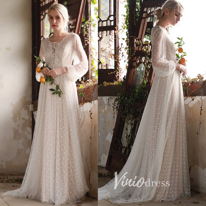 Champagne Dotted Tulle Wedding Dresses Long Sleeve Bridal Dress VW2200-wedding dresses-Viniodress-Viniodress