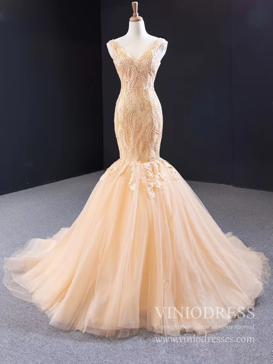 Champagne Embroidery Mermaid Wedding Dresses 2020 VW1510-wedding dresses-Viniodress-Viniodress