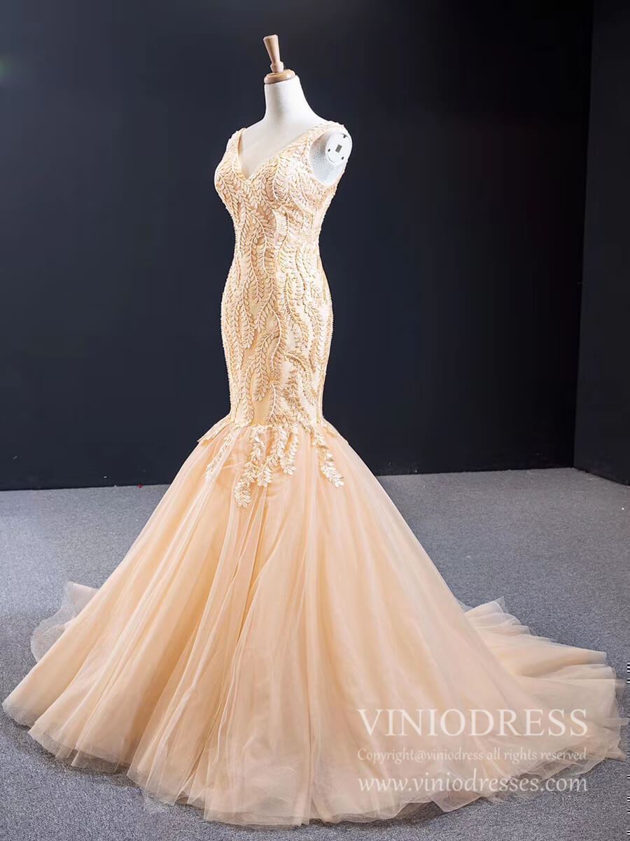 Champagne Embroidery Mermaid Wedding Dresses 2020 VW1510-wedding dresses-Viniodress-Viniodress