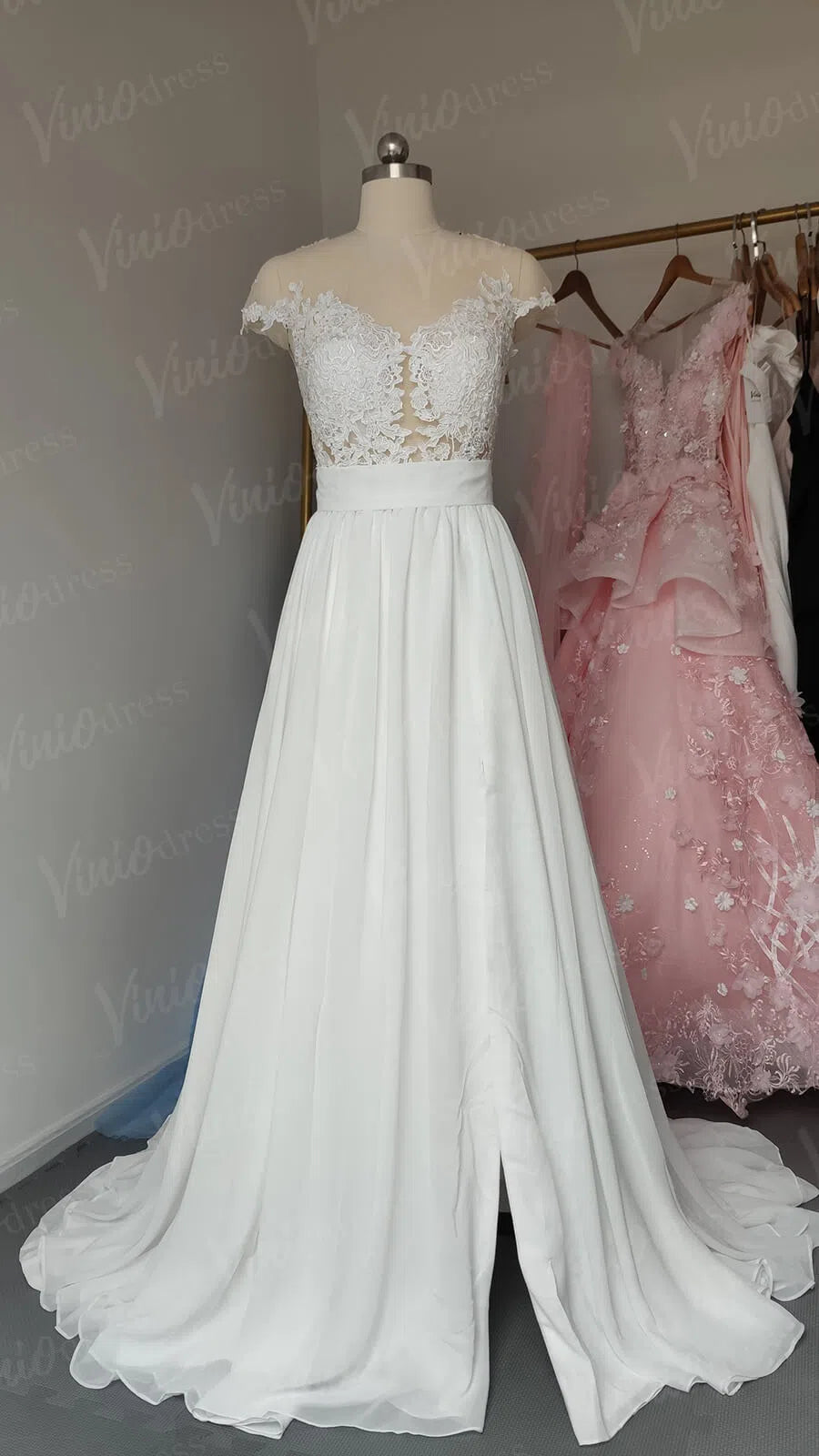 Classic Illusion Chiffon Beach Wedding Dresses with Side Slit VW1242-wedding dresses-Viniodress-Viniodress