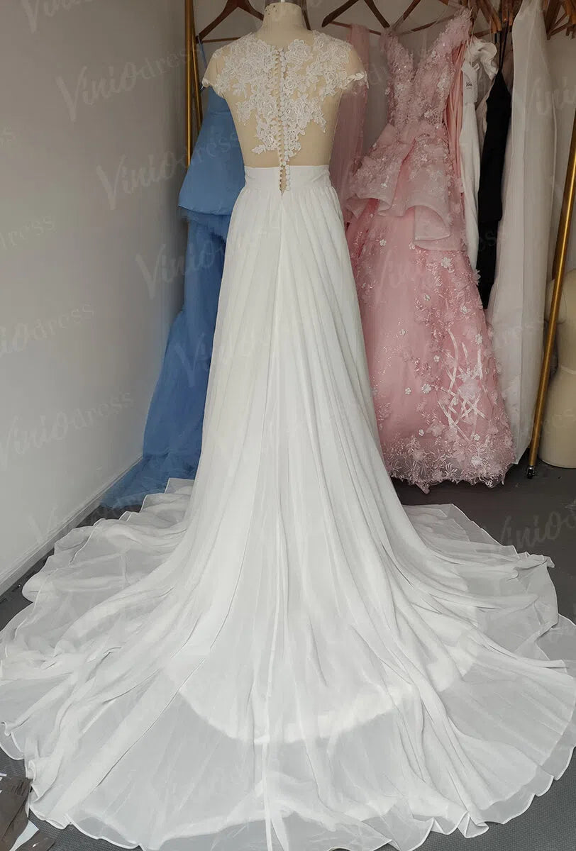 Classic Illusion Chiffon Beach Wedding Dresses with Side Slit VW1242-wedding dresses-Viniodress-Viniodress