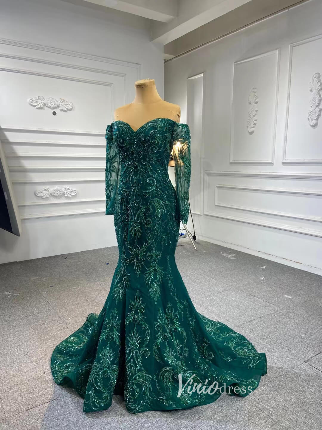 Prom Dress 2025 Dark Emerald Green Wedding Gown Beaded Overskirt Pageant Dresses 67250B-unique wedding dresses-Emerald Green-Custom Size-Viniodress