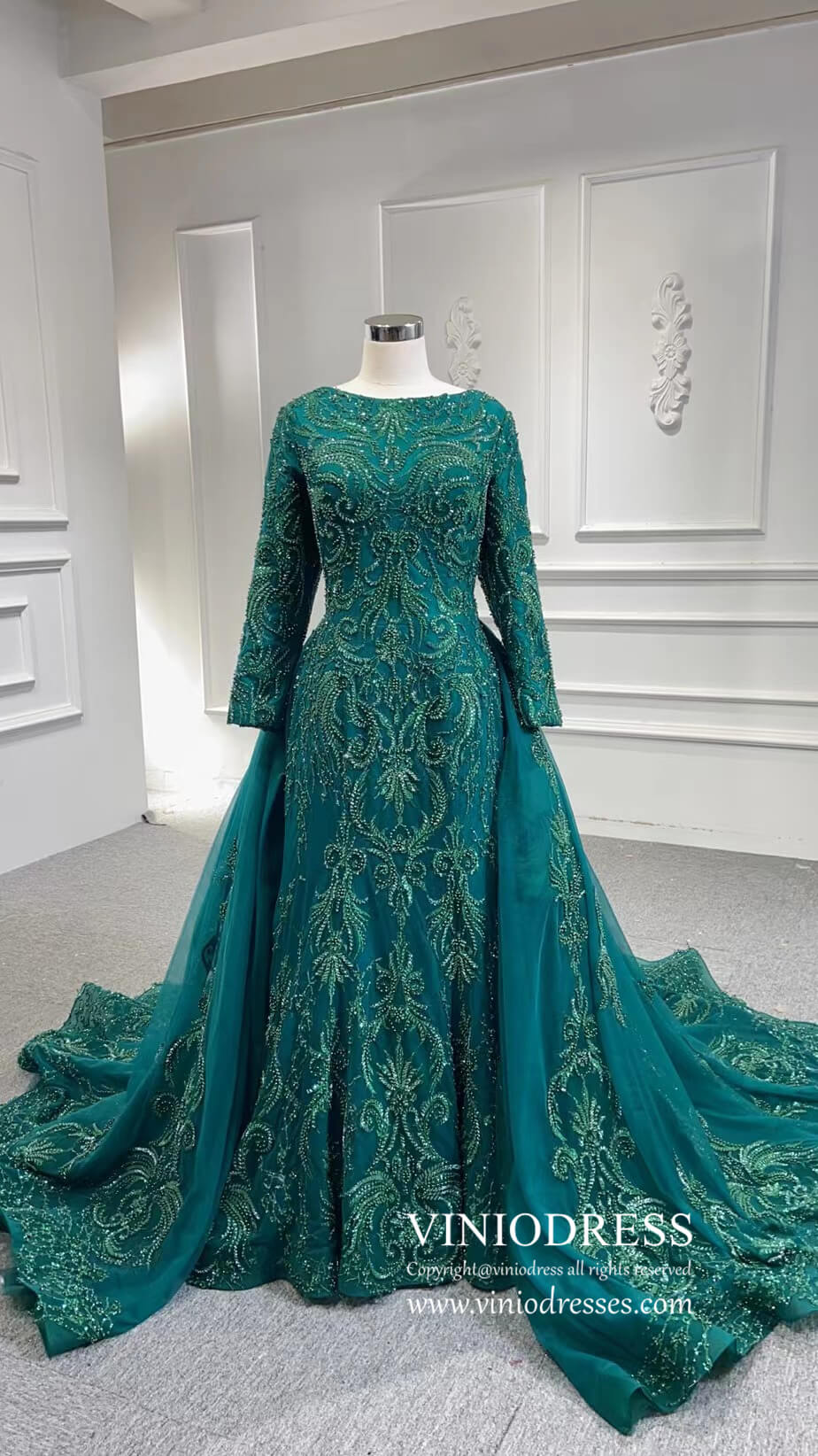 Prom Dress 2025 Dark Emerald Green Wedding Gown Beaded Overskirt Pageant Dresses 67250B-unique wedding dresses-Emerald Green-Custom Size-Viniodress