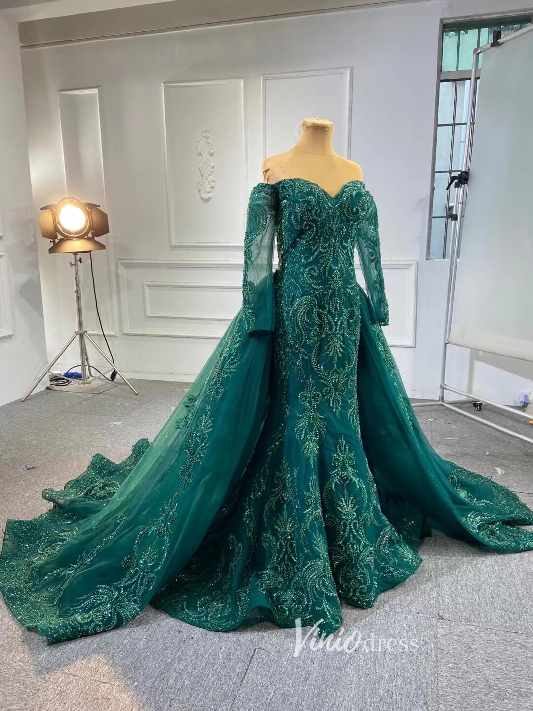 Prom Dress 2025 Dark Emerald Green Wedding Gown Beaded Overskirt Pageant Dresses 67250B-unique wedding dresses-Emerald Green-Custom Size-Viniodress