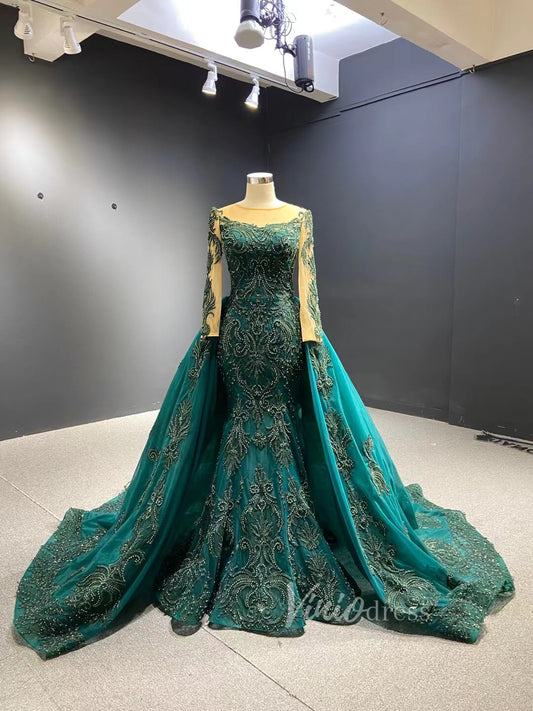 Prom Dress 2025 Dark Emerald Green Wedding Gown Beaded Overskirt Pageant Dresses 67250B-unique wedding dresses-Emerald Green-Custom Size-Viniodress