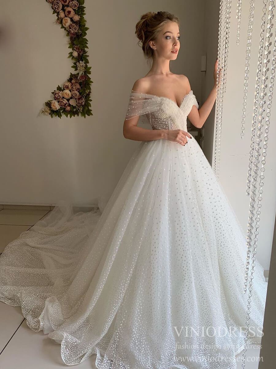 Dotted Tulle Lace Wedding Dresses Cathedral Train Off Shoulder Bridal Dress VW1561-wedding dresses-Viniodress-Ivory-Custom Size-Viniodress