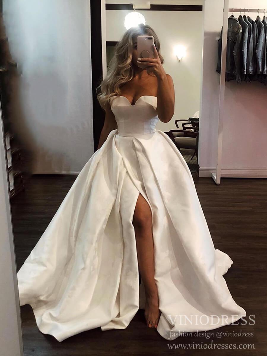 Elegant A-line Satin Strapless Wedding Dresses with Side Slit VW1556-wedding dresses-Viniodress-Ivory-Custom Size-Viniodress