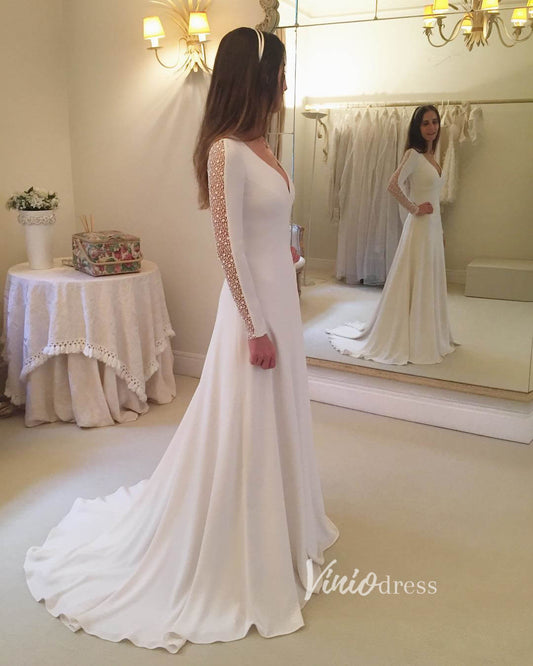 Elegant Long Sleeve Chiffon Wedding Dresses V-neck VW2057-wedding dresses-Viniodress-Ivory-Custom Size-Viniodress