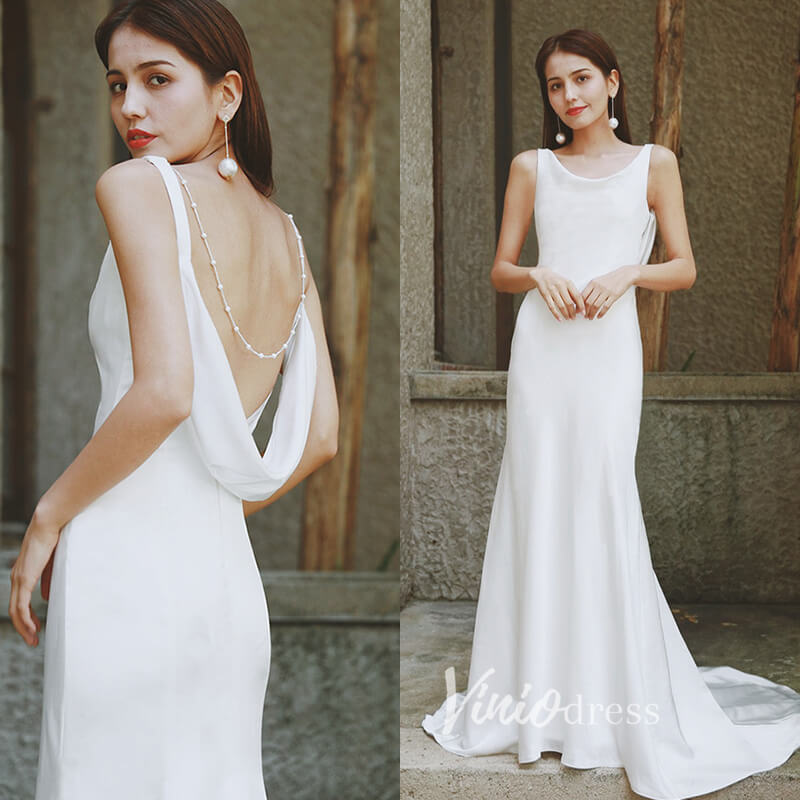 Elegant Satin Mermaid Wedding Dresses Boat Neck Bridal Dress VW2206-wedding dresses-Viniodress-Viniodress