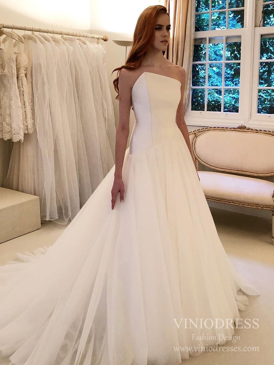 Elegant Simple Strapless Tulle Wedding Dresses Chapel Train VW1839-wedding dresses-Viniodress-Ivory-Custom Size-Viniodress