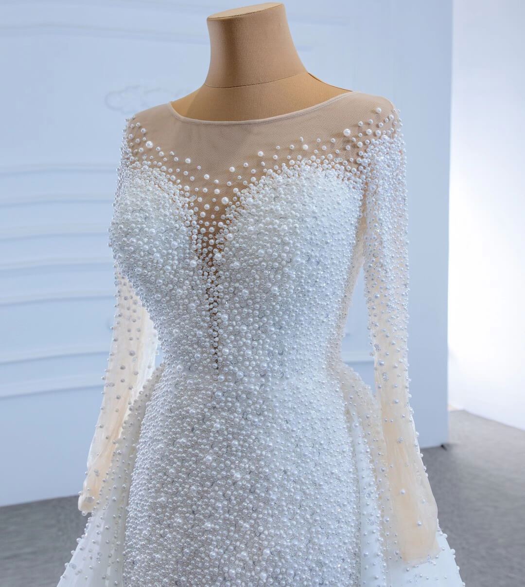 Haute Couture Beaded Pearls Wedding Dresses with Long Sleeves VW1783-wedding dresses-Viniodress-Viniodress