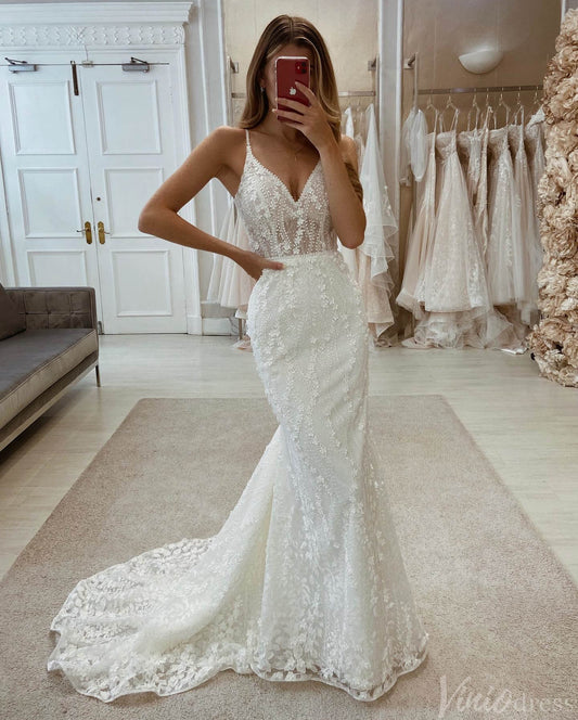 Ivory Beaded Lace Applique Spaghetti Strap Wedding Dresses V - Neck Mermaid Bridal Gown VW2174 - Viniodresswedding dressesIvoryCustom Size - Formal Dresses - Ball Gowns