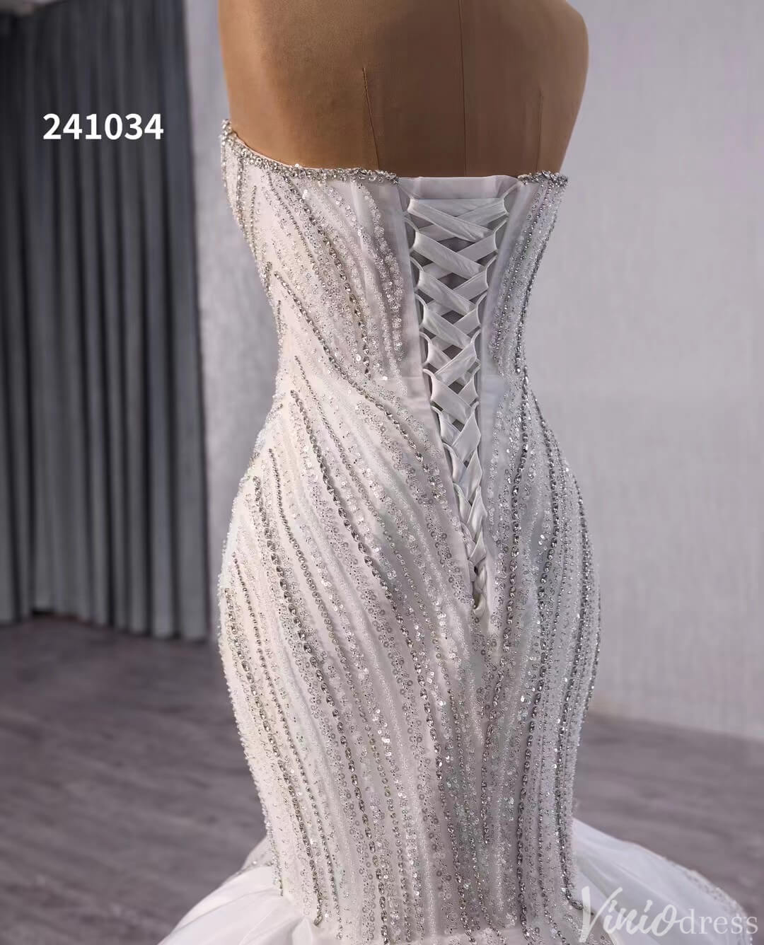 Prom Dress 2025 Ivory Beaded Lace Mermaid Wedding Gown Strapless Tiered Bridal Dress 241034-unique wedding dresses-Ivory-Custom Size-Viniodress