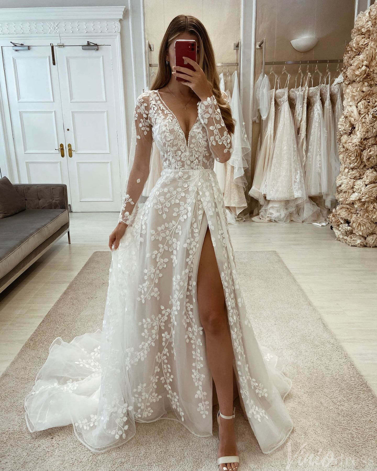 Ivory Lace Applique Long Sleeve Wedding Dresses with Slit Rustic V-Neck Bridal Gown VW2171-wedding dresses-Viniodress