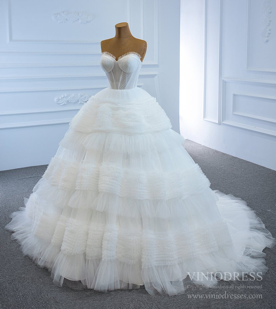 Layered Tulle Ball Gown Wedding Dresses Strapless Bridal Dress VW1785-wedding dresses-Viniodress-Viniodress