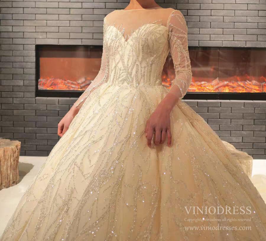 Long Sleeve Beaded Champagne Ball Gown Wedding Dresses 2020 VW1533-wedding dresses-Viniodress-Viniodress