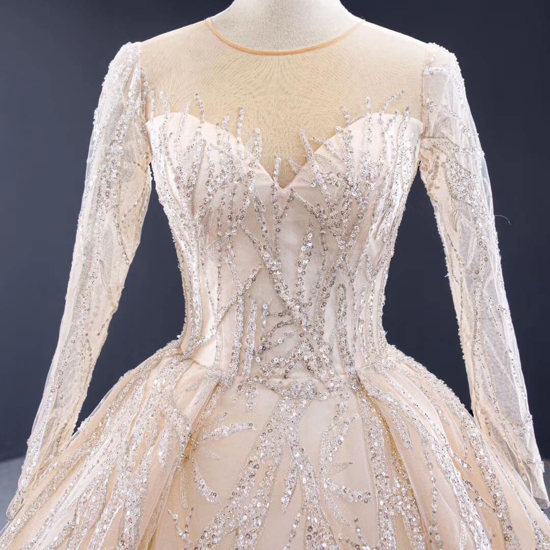 Long Sleeve Beaded Champagne Ball Gown Wedding Dresses 2020 VW1533-wedding dresses-Viniodress-Viniodress