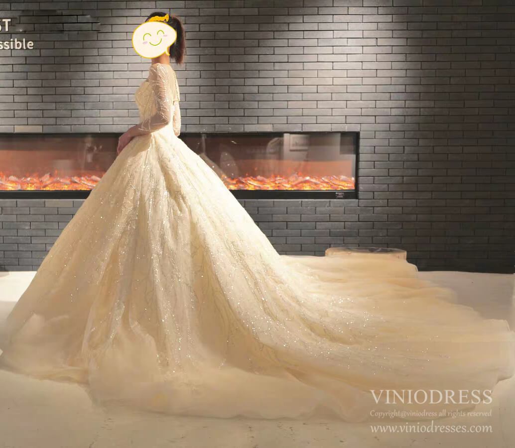 Long Sleeve Beaded Champagne Ball Gown Wedding Dresses 2020 VW1533-wedding dresses-Viniodress-Viniodress