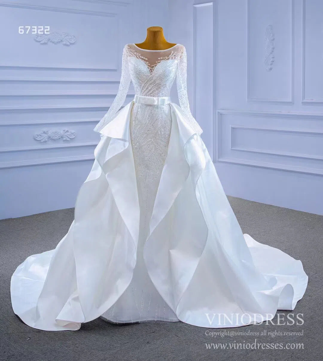 Long Sleeve Beaded Wedding Dresses with Satin Overskirt Detachable 67322-wedding dresses-Viniodress-Viniodress