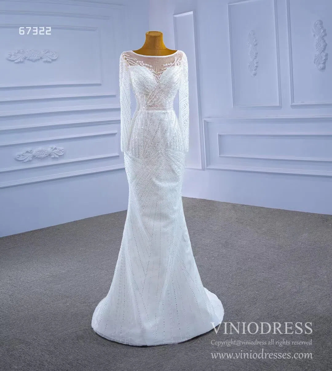 Long Sleeve Beaded Wedding Dresses with Satin Overskirt Detachable 67322-wedding dresses-Viniodress-Viniodress