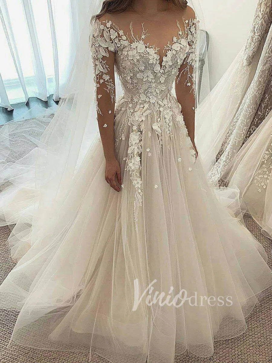 Long Sleeve Champagne Wedding Dresses with 3D Lace Appliqués VW1215-wedding dresses-Viniodress-As Picture-Custom Size-Viniodress