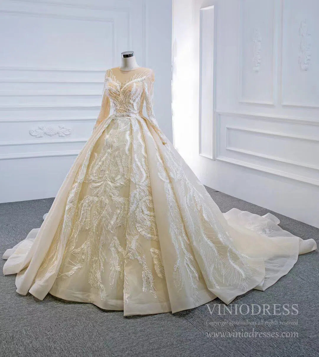 Long Sleeve Champagne Wedding Gowns Online VW1175-wedding dresses-Viniodress-Viniodress