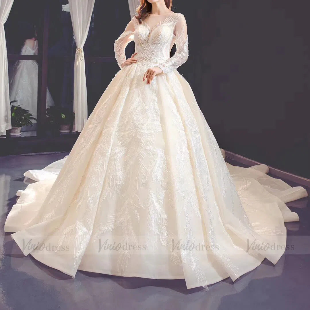 Long Sleeve Champagne Wedding Gowns Online VW1175-wedding dresses-Viniodress-Viniodress