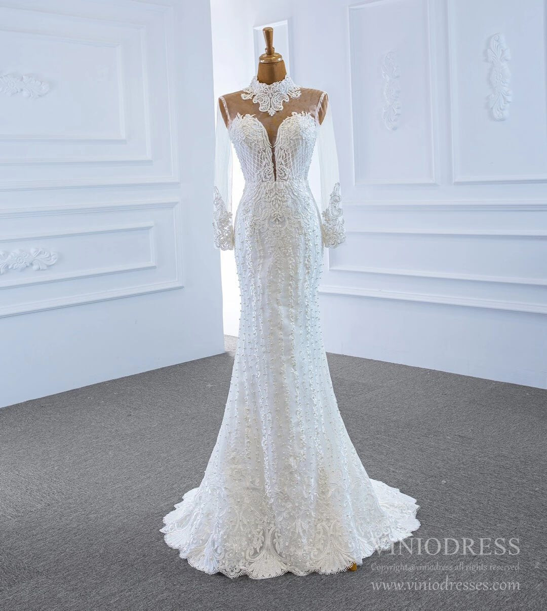 Long Sleeve High Neck Pearl Lace Wedding Dresses with Removable Skirt VW1780-wedding dresses-Viniodress-Viniodress