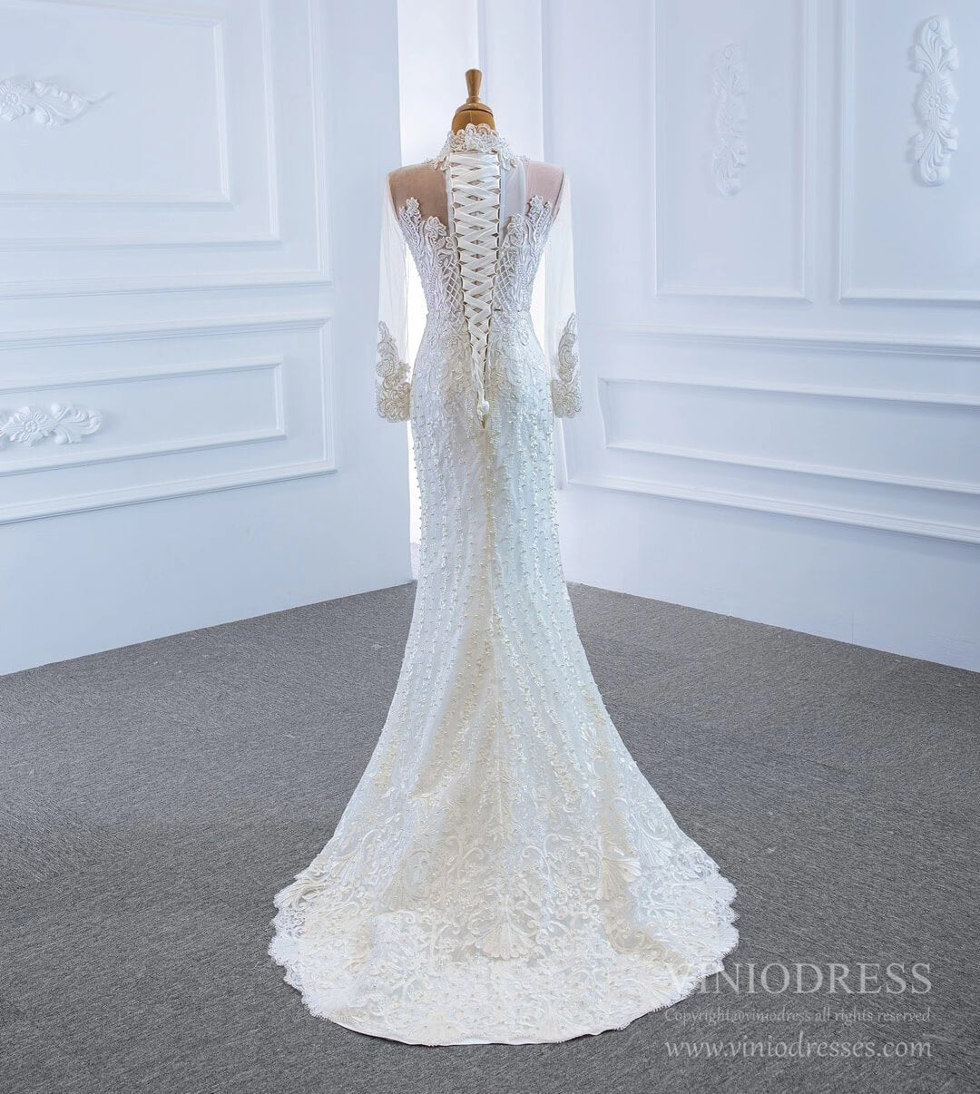 Long Sleeve High Neck Pearl Lace Wedding Dresses with Removable Skirt VW1780-wedding dresses-Viniodress-Viniodress