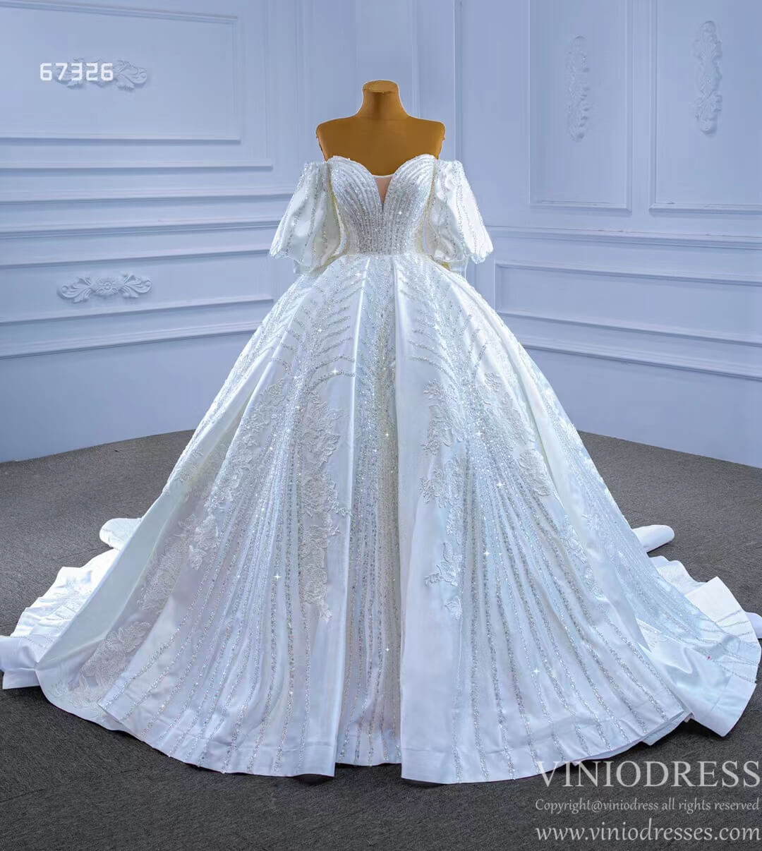 Luxury Beaded Dubai Wedding Gown Bishop Sleeve 67326-wedding dresses-Viniodress-Viniodress