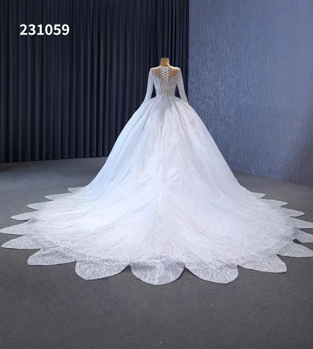 Luxury Beaded Lace Wedding Dresses Long Sleeve Bridal Gown Cathedral Train 231059-wedding dresses-Viniodress-Viniodress