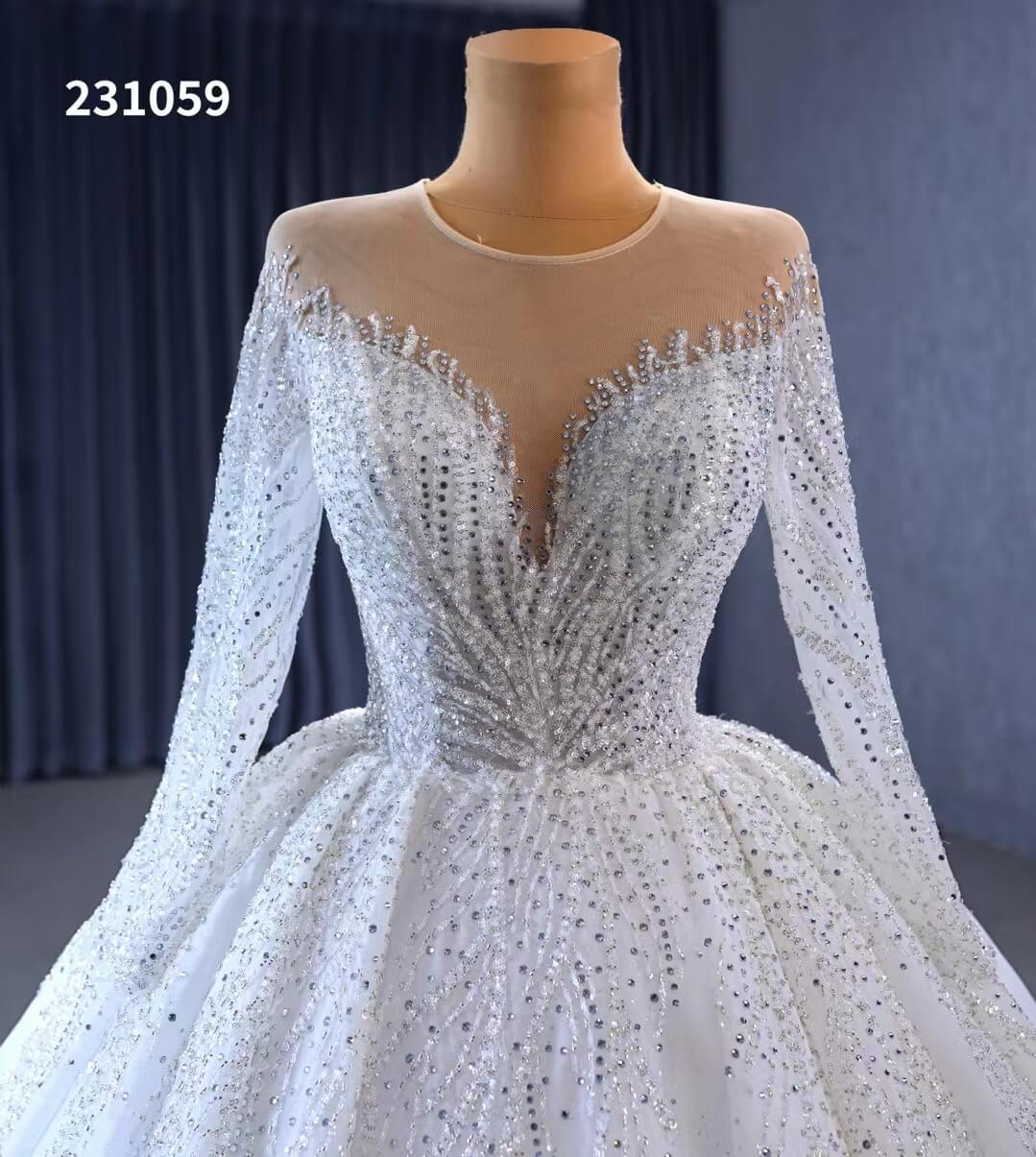 Luxury Beaded Lace Wedding Dresses Long Sleeve Bridal Gown Cathedral Train 231059-wedding dresses-Viniodress-Viniodress