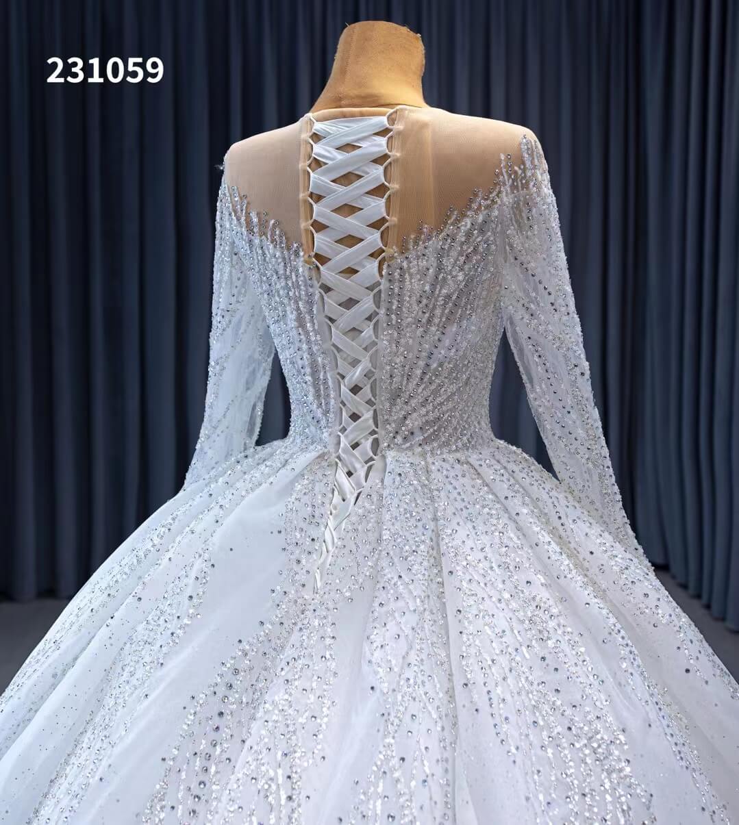 Luxury Beaded Lace Wedding Dresses Long Sleeve Bridal Gown Cathedral Train 231059-wedding dresses-Viniodress-Viniodress