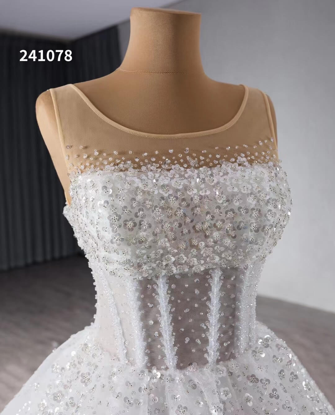 Ivory Beaded Flower Wedding Dresses Sheer Sparkly Quince Dress 241078-Quinceanera Dresses-Viniodress-Viniodress