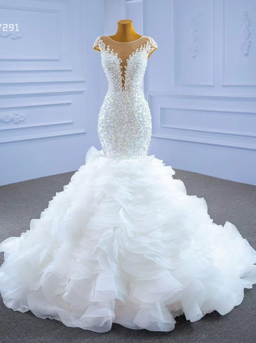 Luxury Pearl Beaded Mermaid Ruffle Wedding Dresses 67291-wedding dresses-Viniodress-Viniodress