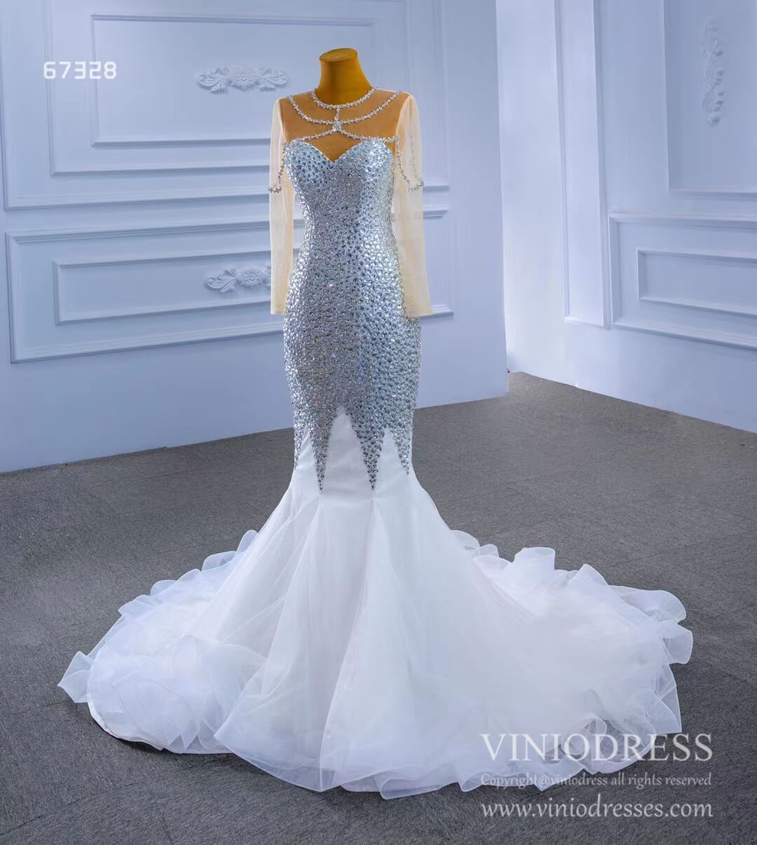 Luxury Rhinestone Mermaid Wedding Dresses with Long Sleeves Viniodress 67328-wedding dresses-Viniodress-Viniodress