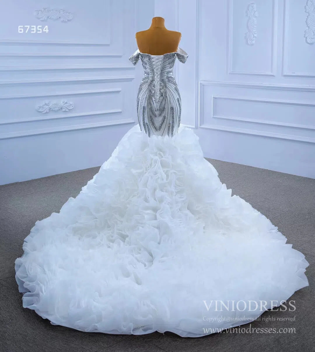 Luxury Ruffled Beaded Mermaid Wedding Gown 67354 VINIODRESS-wedding dresses-Viniodress-Viniodress